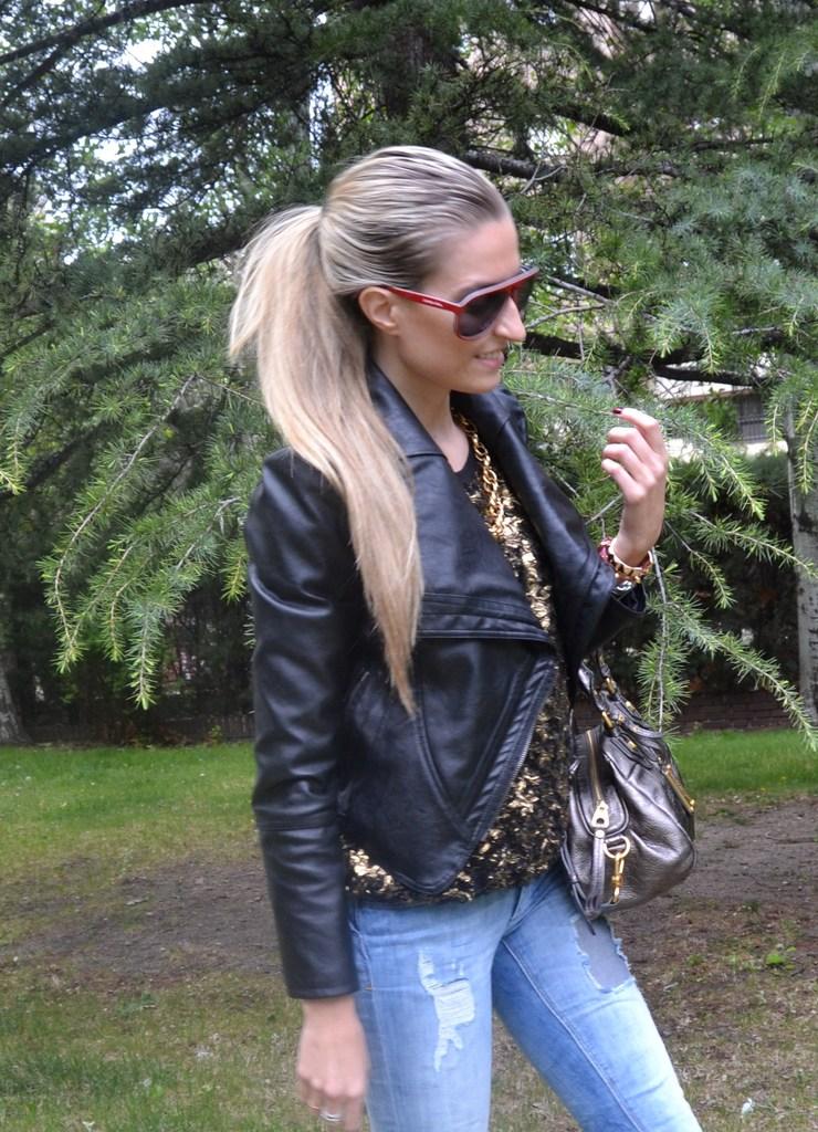 Leather jacket and jeans