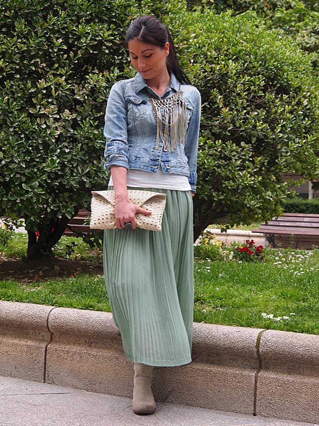 Falda plisada verde larga Falda plisada verde larga