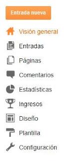 Menú de opciones en Blogger Blogger menú de opciones