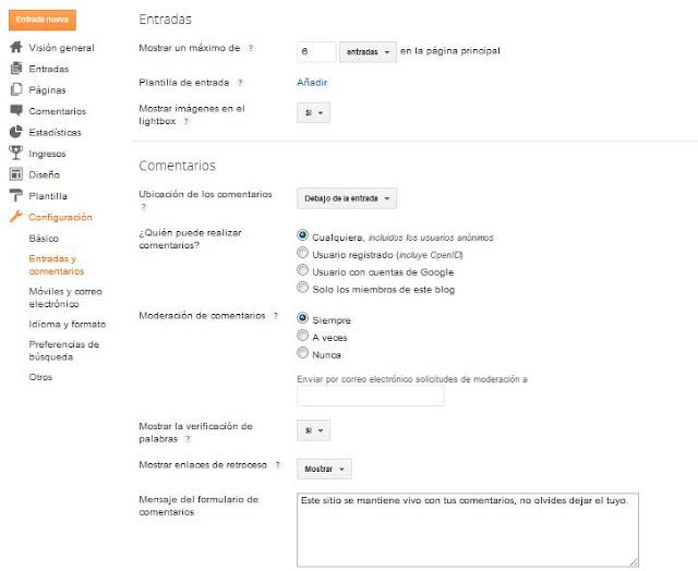 Configuración entradas y comentarios Blogger Blogger configuración entradas y comentarios