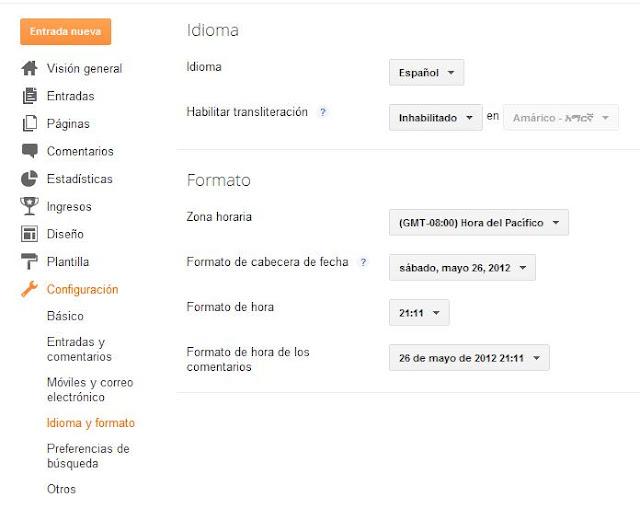 Configuración idioma en Blogger Blogger configuración del idioma
