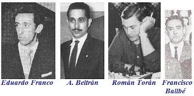 Los ajedrecistas españoles Eduardo Franco, A. Beltrán, Román Torán y Francisco Ballbé.