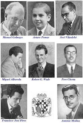 Torneo Internacional de Ajedrez Barcelona 1946, gran triunfo de Miguel Najdorf Los ajedrecistas Manuel Golmayo, Arturo Pomar, José Vilardebó, Miquel Albareda, Robert G. Wade, Pere Cherta, Francisco José Pérez y Antonio Medina