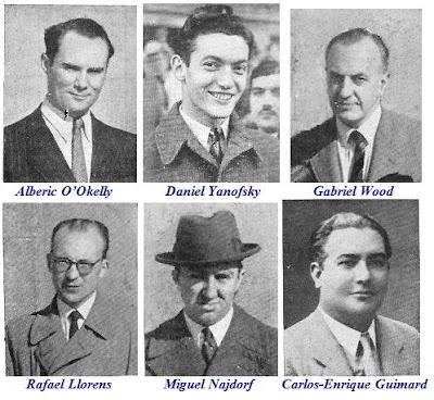Torneo Internacional de Ajedrez Barcelona 1946, gran triunfo de Miguel Najdorf Los ajedrecistas Alberic O’Okelly, Daniel Yanofsky, Gabriel Wood, Rafael Llorens, Miguel Najdorf y Carlos-Enrique Guimard