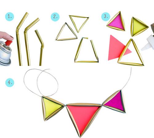 DIY Tutorial: Pasos para hacer un collar de triangulos dorados y neón con pajitas tutorial paso a paso para hacer un collar con pajitas de bebida
