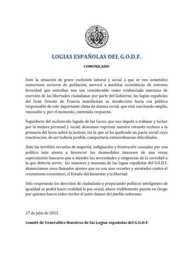 Comunicado de las Logias españolas del G.O.D.F. Logias españolas Gran Oriente de Francia, comunicado 17 julio