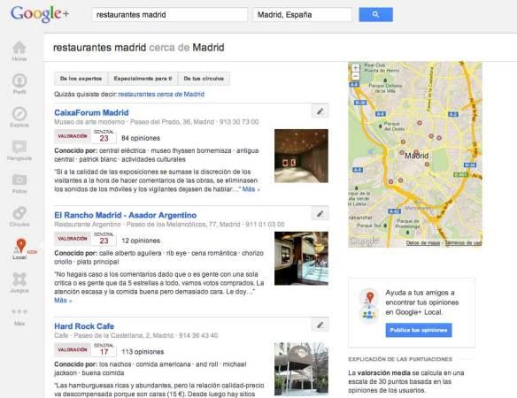 Captura de pantalla de la búsqueda restaurantes Madrid en Google+ Local