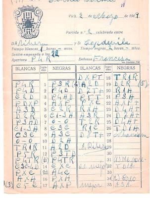 Planilla original de la partida Ribera-Capdevila Planilla original de la partida Ribera-Capdevila, Torneo Regional de Ajedrez de Vic 1940