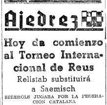 Recorte de prensa de El Mundo Deportivo sobre el Torneo Internacional de Ajedrez de Reus 1936 Recorte de prensa de El Mundo Deportivo