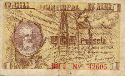 Billete de una peseta emitido en Reus Billete de una peseta