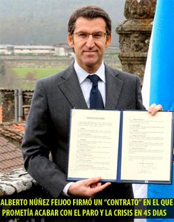 Feijoo posando con el contrato en el que promete acabar con la crisis en 45 dias eijoo posando con el contrato en el que promete acabar con la crisis y el paro en 45 dias