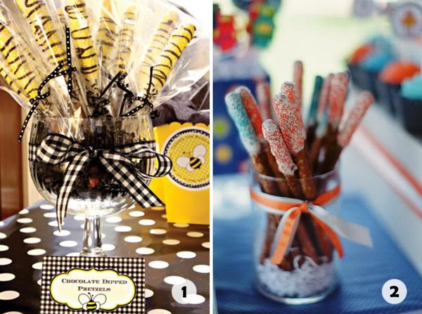 pretzels-en-vaso Mesas de dulces: palitos salados con adorno dulce