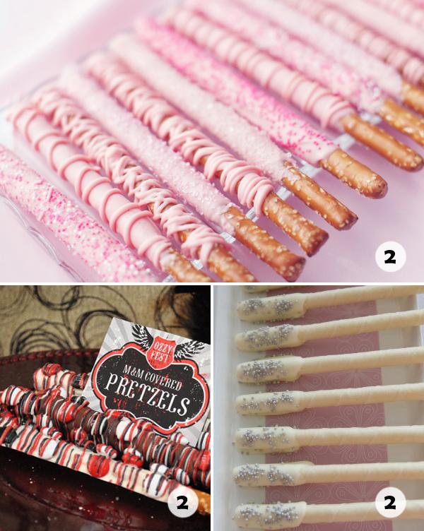 pretzels-en-bandeja Mesas de dulces: palitos salados con adorno dulce