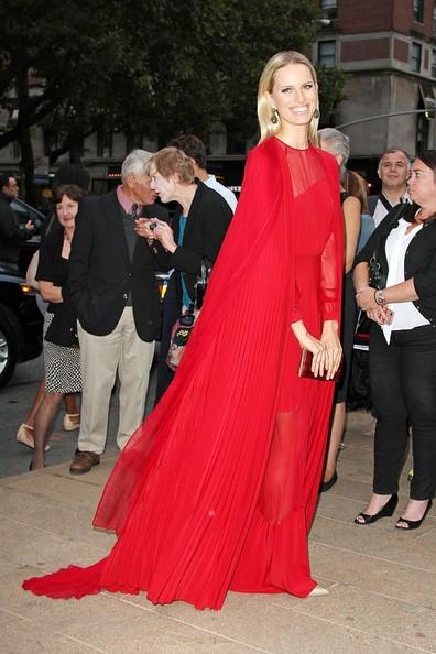 Model Karolina Kurkova arrives in a flowing red dress at the Ballet Fall Gala at the Lincoln Center in New York City.