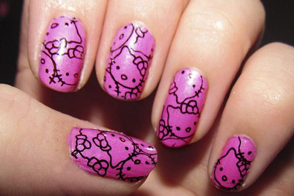 uñas de Hello Kitty fucsias uñas de Hello Kitty rosas