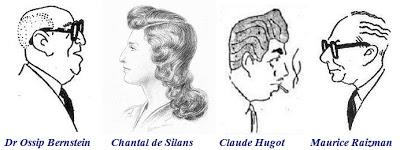 Dr. Ossip Bernstein, Chantal de Silans, Claude Hugot y Maurice Raizman Caricaturas de Dr. Ossip Bernstein, Claude Hugot y Maurice Raizman, y dibujo de Chantal de Silans