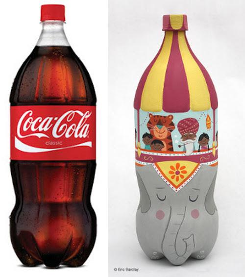 Botella de Cocacola reciclada en elefante por Eric Barclay ilustraciones y reciclaje creativo