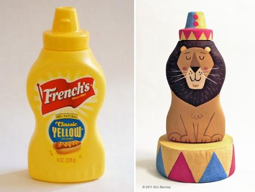 Envase de mostaza reciclado como león reciclaje e ilustracion de eric barclay