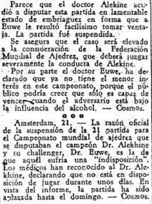 Recorte de prensa de El Mundo Deportivo de Pablo Morán sobre Alekhine Recorte de prensa de El Mundo Deportivo de Pablo Morán sobre Alekhine