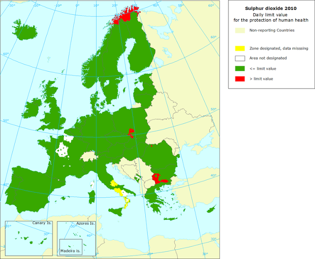 SO2: Mapa del valor límite diario para protección de la salud (Europa, 2010)