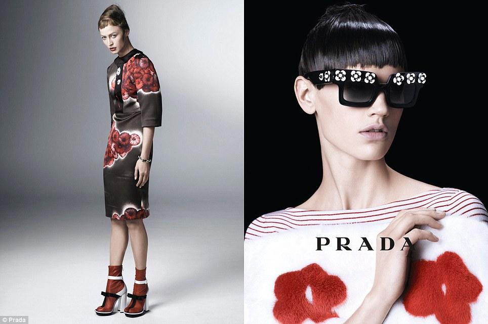 PRADA Spring 2013: Benicio del Toro y Eva Herzigova! Flower power: Unlike the menswear line which exudes simplicity, Prada's new womenswear range features bold colours and block flower prints