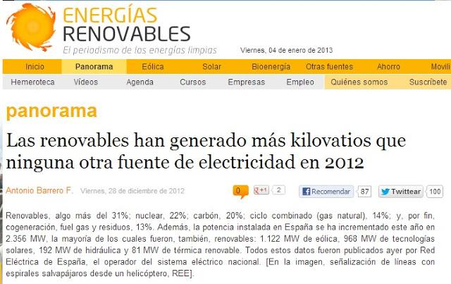 Las Renovables generaron algo más del 31 % de la electricidad en 2012 Las Renovables generaron algo más del 31 % de la electricidad en 2012