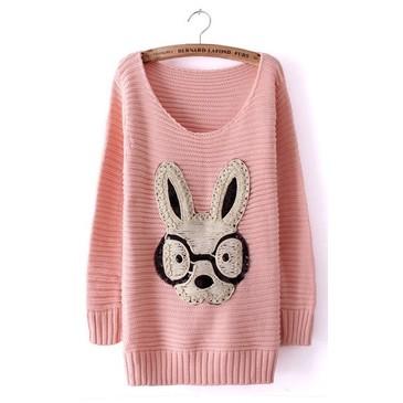Que llegan los Reyes!! Pink Long Sleeve Rabbit Embellished Pullovers Sweater - Sheinside.com