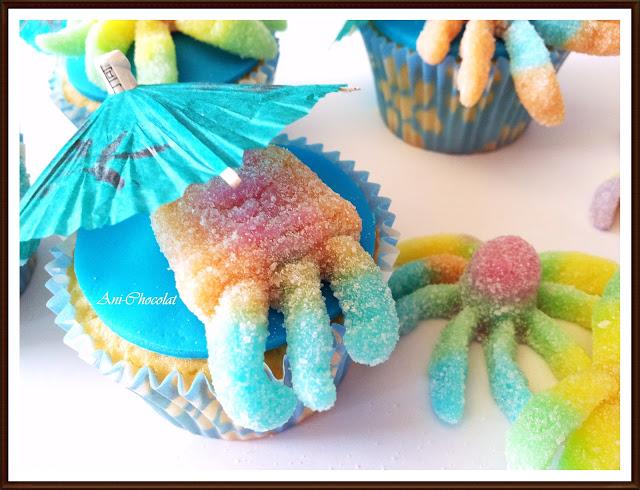 Cupcakes de algodón de azúcar con pulpo a la sombra Cupcakes de algodón de azúcar con pulpo a la sombra