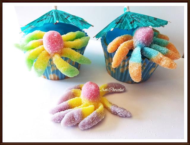 Cupcakes de algodón de azúcar con pulpo a la sombra Cupcakes de algodón de azúcar con pulpo a la sombra