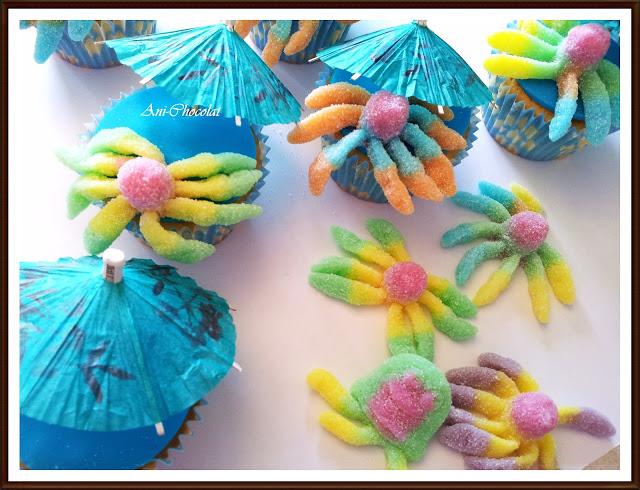 Cupcakes de algodón de azúcar con pulpo a la sombra Cupcakes de algodón de azúcar con pulpo a la sombra