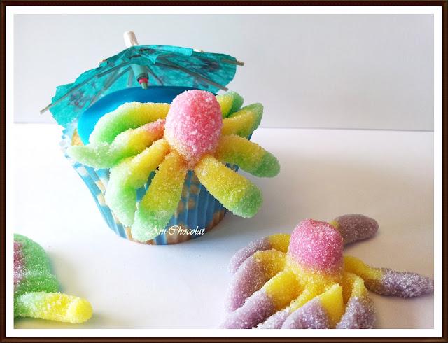 Cupcakes de algodón de azúcar con pulpo a la sombra Cupcakes de algodón de azúcar con pulpo a la sombra