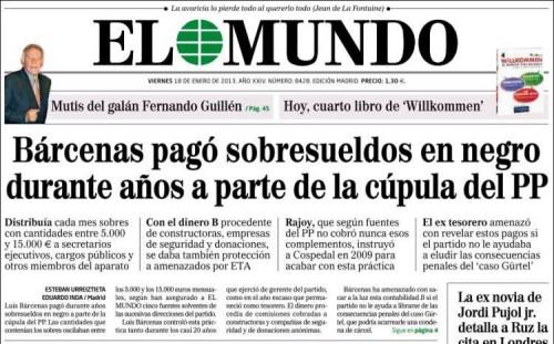 portada El Mundo 18 enero 2013 Barcenas, dinero negro y el PP