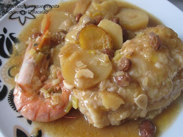 Bacalao con patatas, gambas y pasas Bacalao con patatas, gambas y pasas
