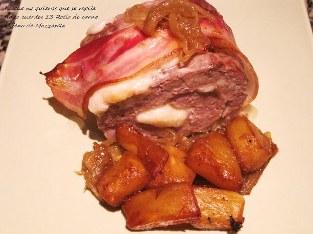 Rollo de Carne relleno de Mozzarela con cebolla caramelizada y dados de piña salteados Rollo de Carne relleno de Mozzarela con cebolla caramelizada y dados de piña salteados