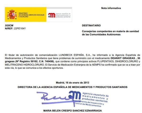 DEANXIT GRAGEAS: ALERTA INTERNACIONAL MEDICAMENTO DEANXIT GRAGEAS: ALERTA INTERNACIONAL MEDICAMENTO