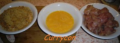 Brocheta de pollo rebozada en quicos con chutney de piña Brocheta de pollo rebozada en quicos con chutney de piña