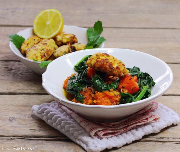 Guisado de calabaza, quinoa y lentejas coral con espinacas pumpkin stew