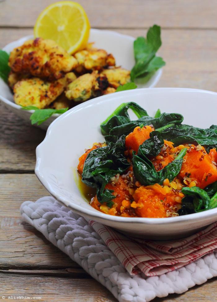 Guisado de calabaza, quinoa y lentejas coral con espinacas Pumpkin stew