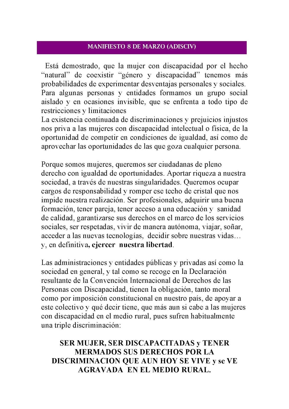 Manifiesto del 8 de Marzo, Día internacinal de la mujer, de ADISCIV Manifiesto del 8 de Marzo, Día internacinal de la mujer, de ADISCIV