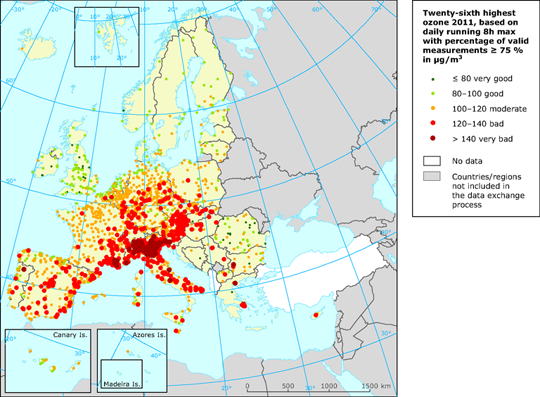 Mapa de niveles octohorarios de Ozono en aire ambiente (Europa, 2011)