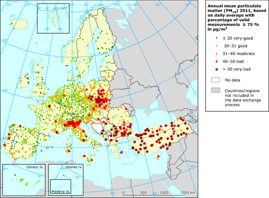 Mapa de niveles de Partículas PM10 en aire ambiente (Europa, 2011)