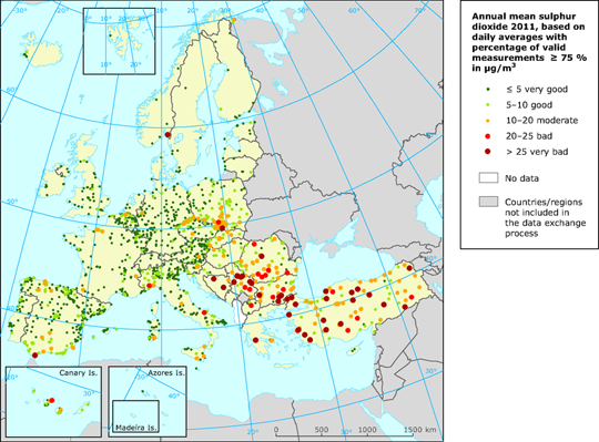 Mapa de niveles de Dióxido de Azufre en aire ambiente (Europa, 2011)