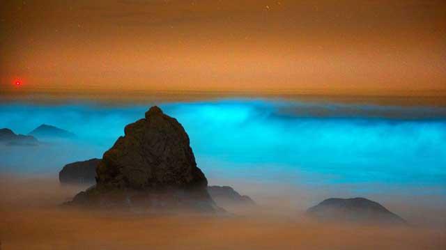 olas azul neón en una playa de California olas azul neón en una playa de California