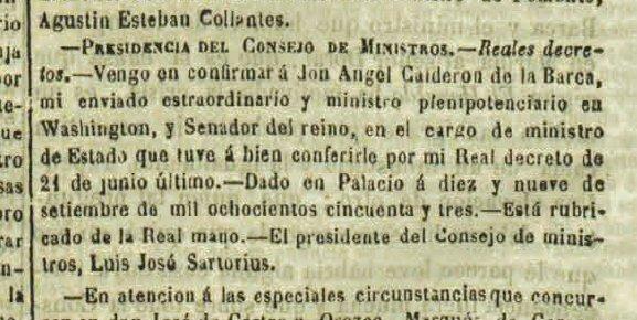 La Vicalvarada ¿levantamiento contra la corrupción? Sartorius vuelve a ocupar la cartera de la gobernación el 19 de septiembre de 1853.