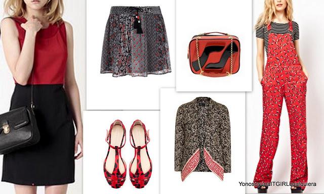 shop red and black skirt, dress, bag, shoes, jumpsuit