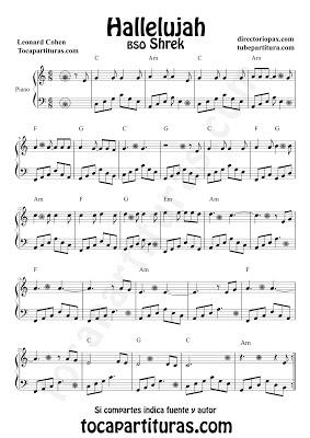 Hallelujah Partitura de Piano de Leonard Cohen Partitura de Aleluya de la BSO de Shrek de Rufus Wainwright