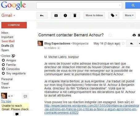 Mail enviado el 14 de mayo pasado, sin respuesta. La indolencia del Nouvel Observateur, entre los gajes de un sistema de información convenientemente VIP y excluyente