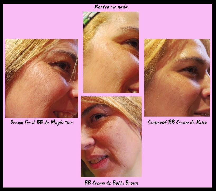 Difícil de ver pero quería enseñaros como queda la piel con cada producto Comparativa de BB Creams: Bobbi Brown, Kiko y Maybelline