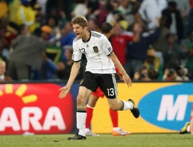 June 27, 2010 - South Africa - Football - Germany v England FIFA World Cup Second Round - South Africa 2010 - Free State Stadium, Bloemfontein, South Africa - 27/6/10..Thomas Muller celebrates after scoring Germany's third goal.