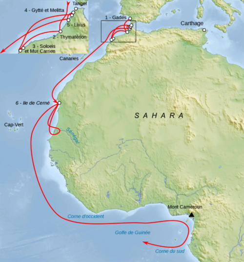 Detalle de la ruta de Hannon con el nombre de las colonias mencionadas